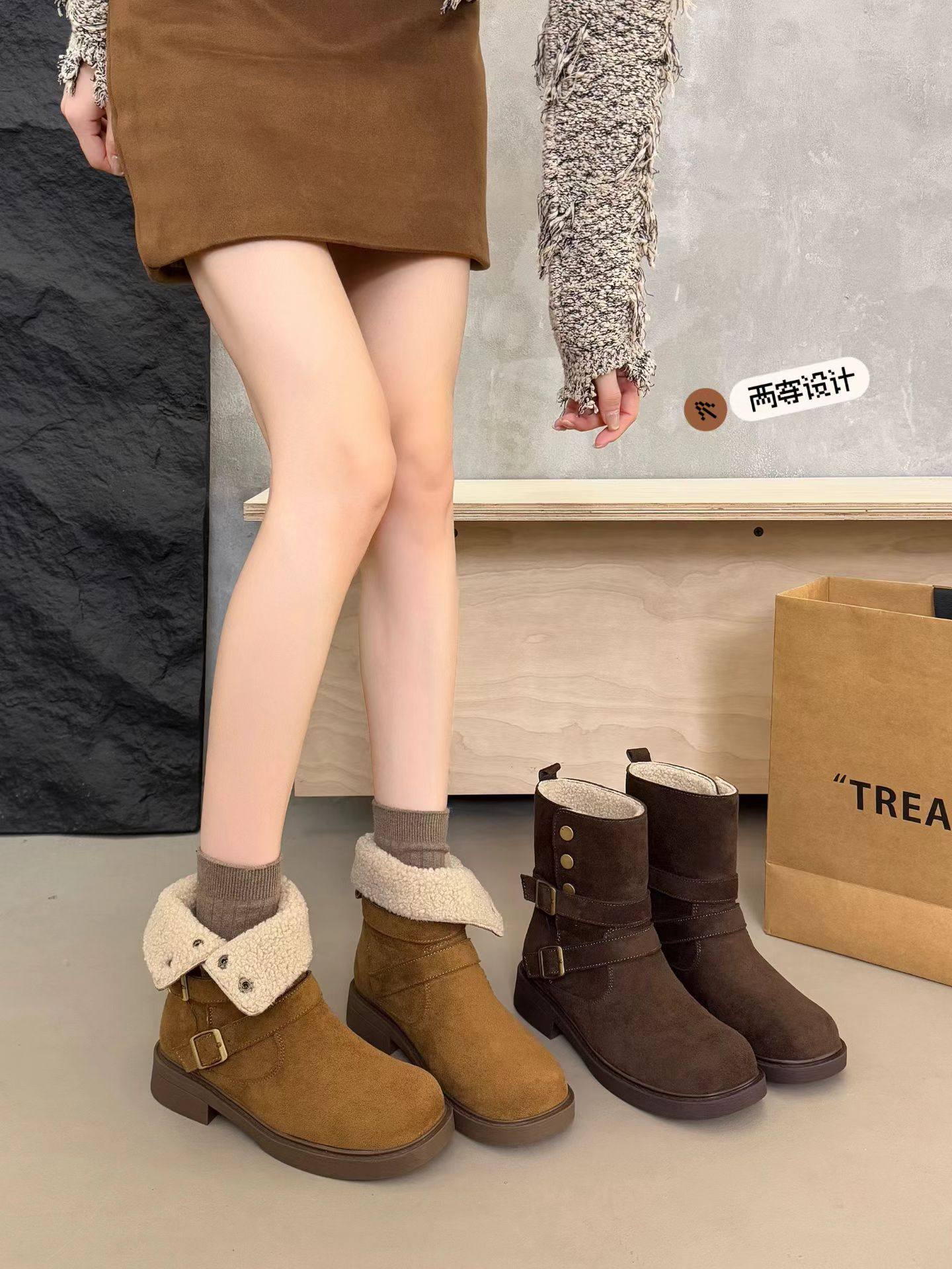 复古绒面两穿搭扣短靴潮2025秋冬新款加绒马丁靴低跟百搭圆头女靴,女鞋,时装靴,淘宝优惠券,粉丝福利购,淘宝优惠卷
