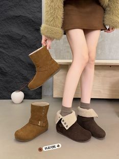 韩版 保暖棉靴子羊羔毛两穿百搭平跟短靴勃肯靴搭扣 女2025秋冬新款