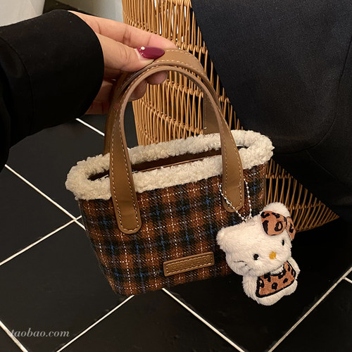 通勤包包女毛呢格子水桶包