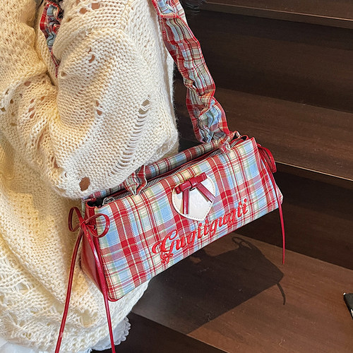 韩版文艺复古红蓝撞色格子单肩包