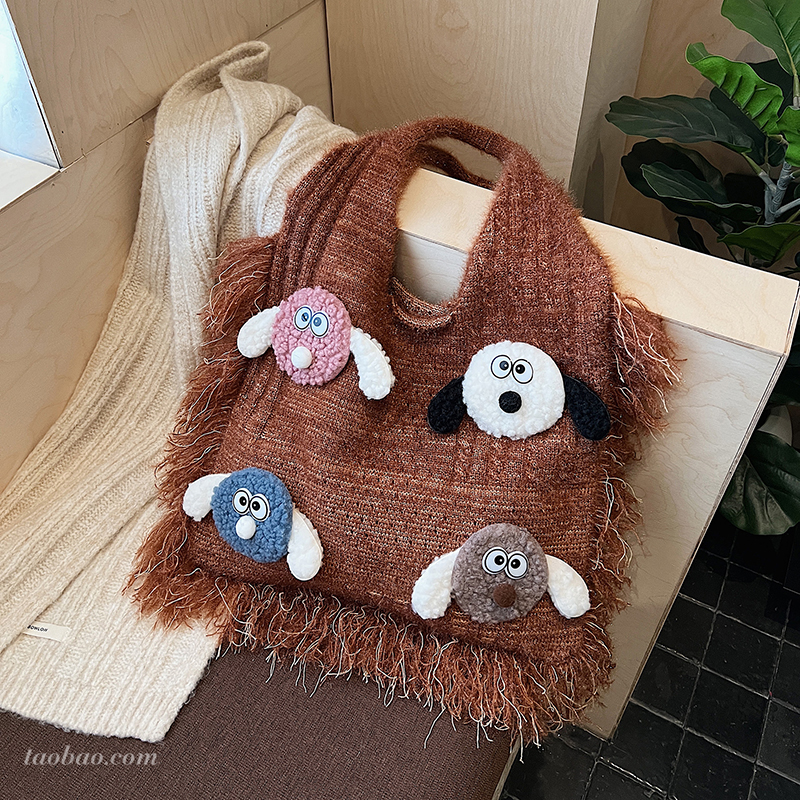 可爱卡通小狗针织托特包