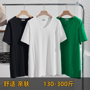 300斤特大码正肩纯棉V领短袖女夏季200胖mm显瘦加肥宽松遮肚子T恤