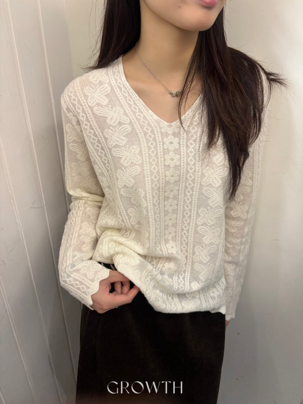 冬上新!GROWTH韩系法式复古V领提花宽松长袖针织衫打底衫含6%羊毛