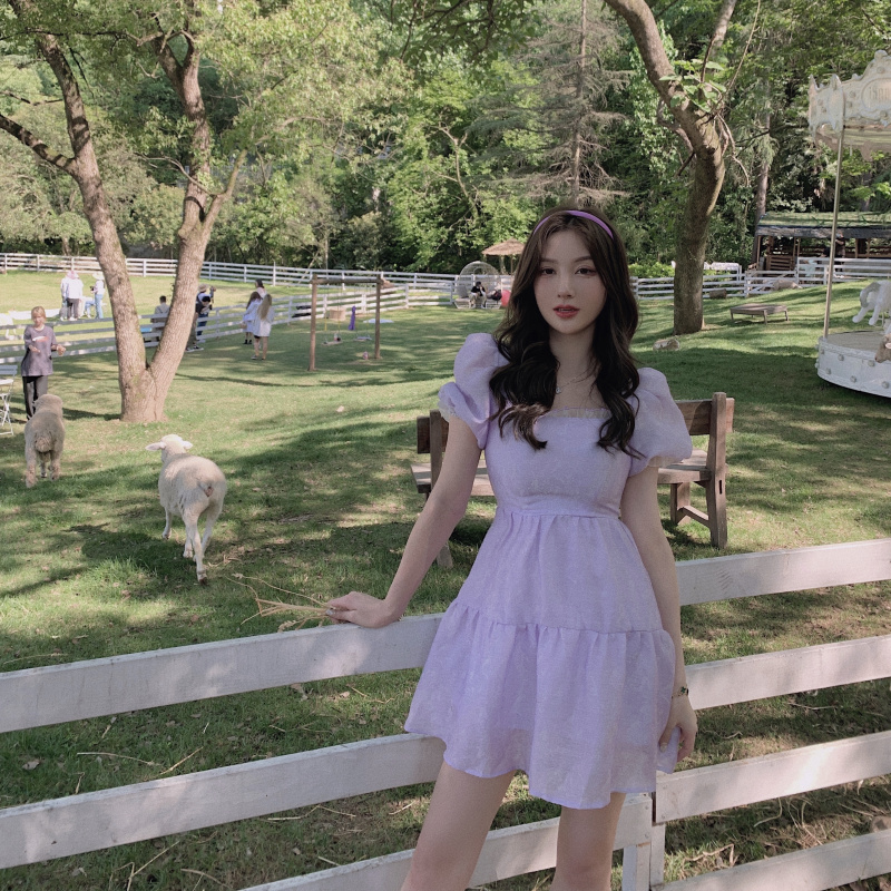 Real price 2021 new style gentle wind fairy girl princess skirt square neck bubble sleeve dress