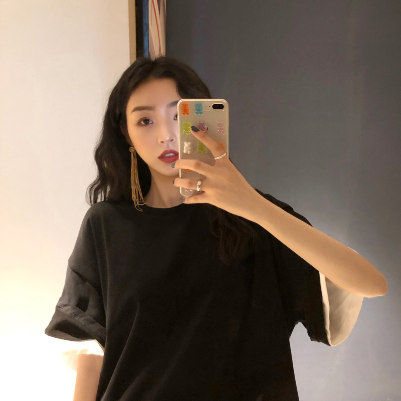 Real price spring and summer new casual loose solid color short sleeve medium length splicing sleeve dress for women