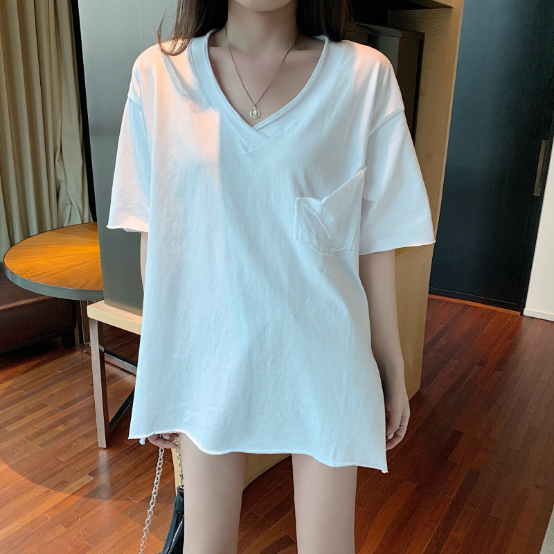 Real photo real price summer Korean new V-neck mid long side slit short sleeve T-shirt women's loose and versatile top women