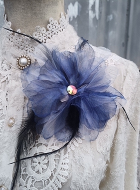 古风超仙烧边渐变欧根纱羽毛珍珠花朵手作抓夹胸花服饰