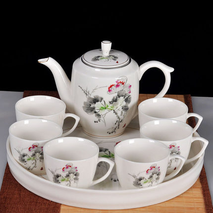 带托盘茶壶茶杯整套陶瓷茶具套装8件套花草茶具家用中式一壶六杯