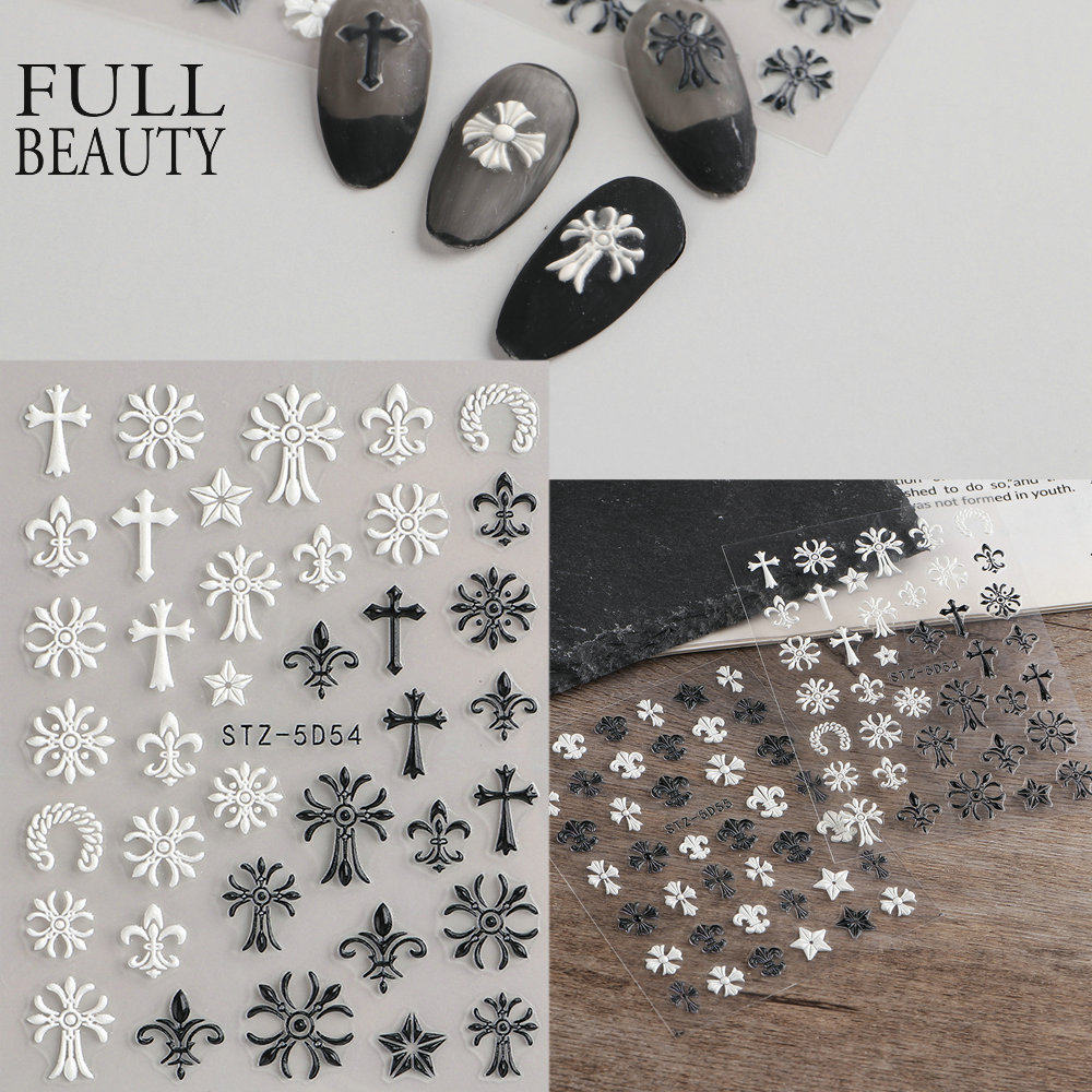 新款热卖 ins克罗心立体黑白5D浮雕贴指甲贴美甲贴纸贴花复古