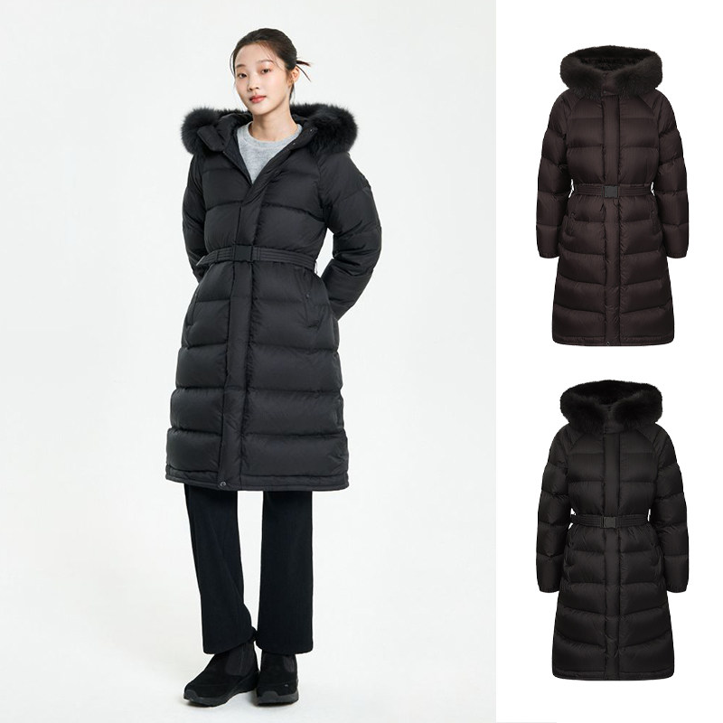 K2韩国代购25冬女士户外休闲可拆卸狐狸毛领中长款收腰鹅绒羽绒服