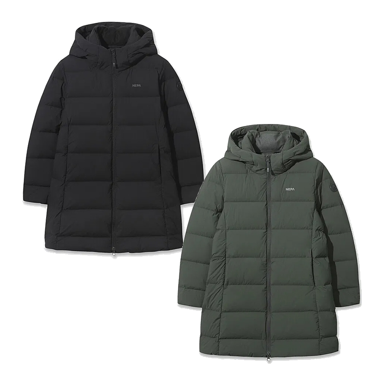 NEPA韩国代购25冬女户外休闲中长款轻薄保暖连帽鹅绒羽绒服外套