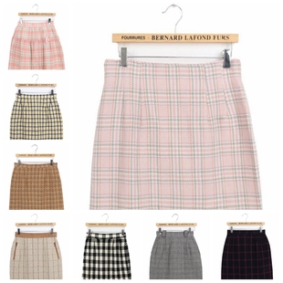 Vintage古着孤品半裙文艺范秋冬毛呢格子半身裙 格纹包臀英伦风