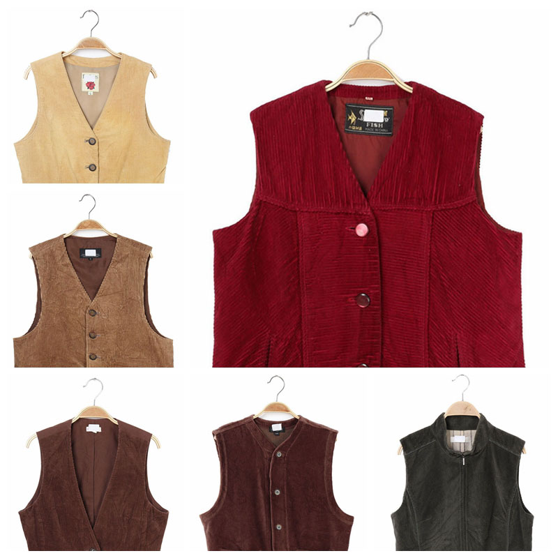 vintage古着马甲孤品日本制文艺范森林系复古马夹 糖果色灯芯绒