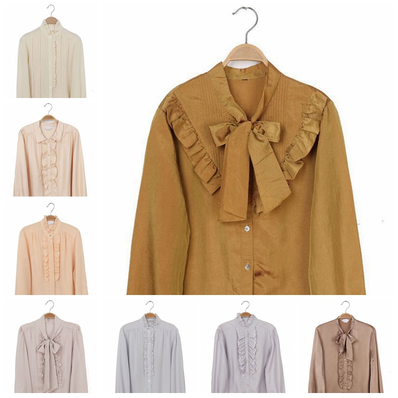 Vintage古着孤品日本复古秋季清新系雪纺长袖衬衫 糖果纯色木耳褶