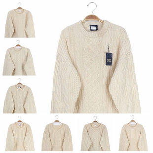 Vintage古着孤品日本冬复古羊毛粗线编织阿兰毛衣 白色绞花缆绳纹