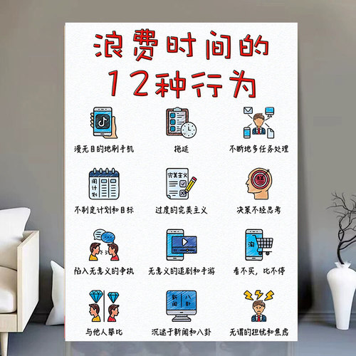 浪费时间的12种常见行为克服拖延症的方法好习惯正能量墙贴画海报