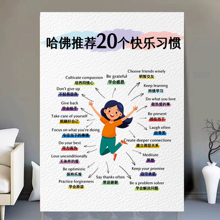 哈佛大学推荐的20个快乐习惯英语课堂双语国际学校教室布置墙贴画
