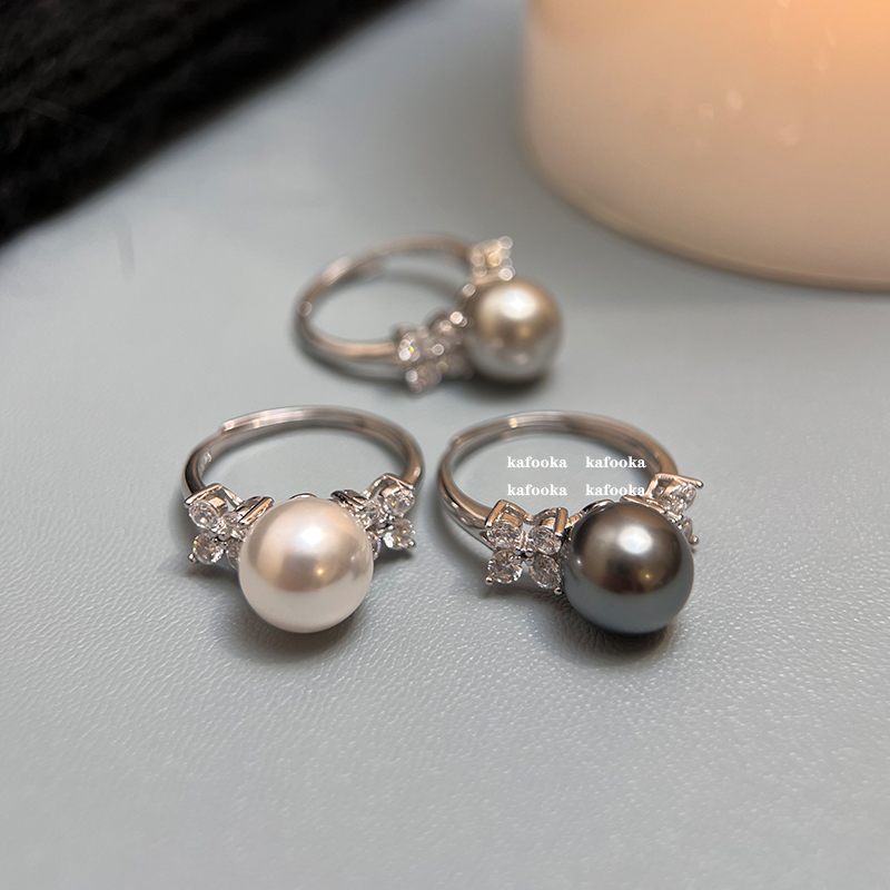 女S925纯银精致四叶花瓣珍珠戒指