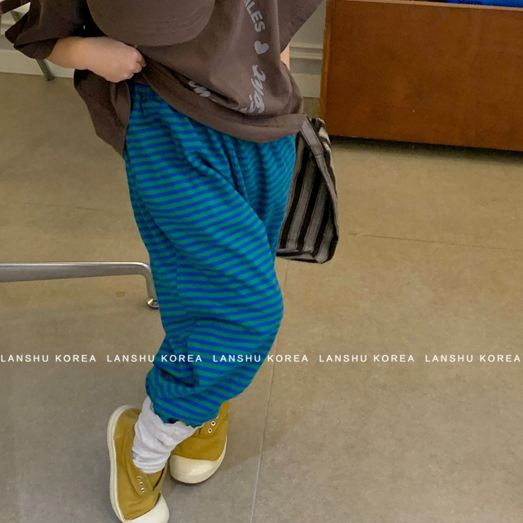 现货【Hans】懒鼠韩国童装26春款男童女童条纹校园束脚好穿休闲裤