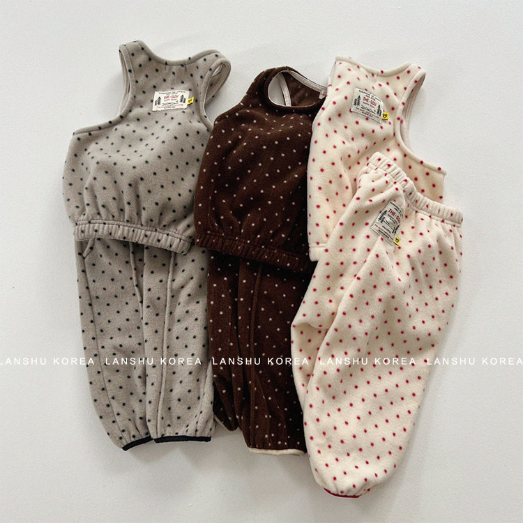 【Gou】懒鼠韩国童装25冬款男女童背心卫裤波点竖杠毛绒套装,童装/婴儿装/亲子装,套装,淘宝优惠券,粉丝福利购,淘宝优惠卷