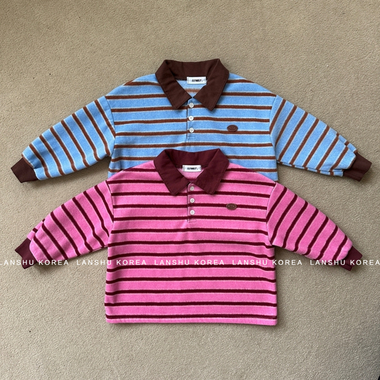 【Elly】懒鼠韩国童装25冬款中大童美式学院条纹加绒翻领POLO卫衣