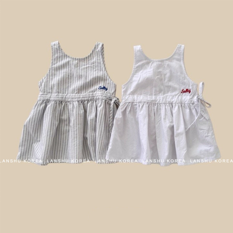 现货【Amore】懒鼠韩国童装26春韩系女童纯色条纹系带背心连衣裙
