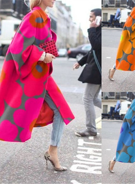 Amazon2021秋冬新品大码中长款喇叭袖外套印花宽松街头口袋风衣