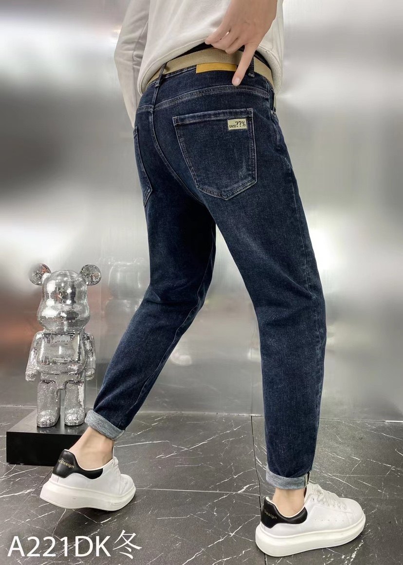 男士牛仔裤秋冬款高端百搭韩版潮流蓝色弹力修身小脚印花长裤秋季