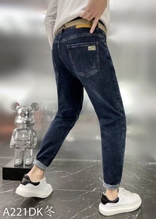 男士牛仔裤秋冬款高端百搭韩版潮流蓝色弹力修身小脚印花长裤秋季