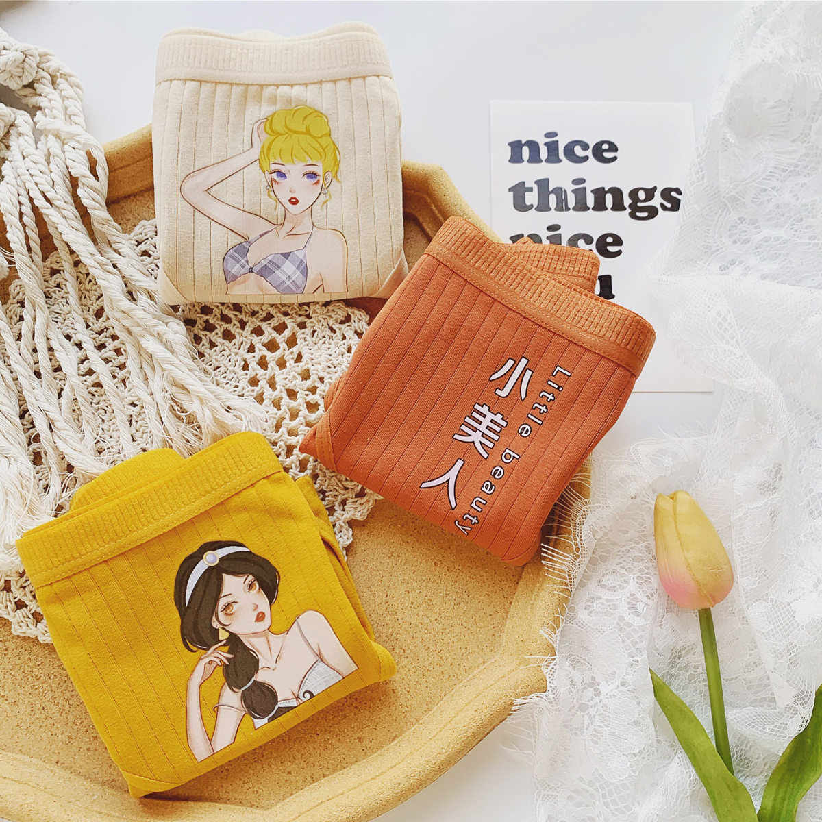 3条装纯棉格纹中腰女三角内裤