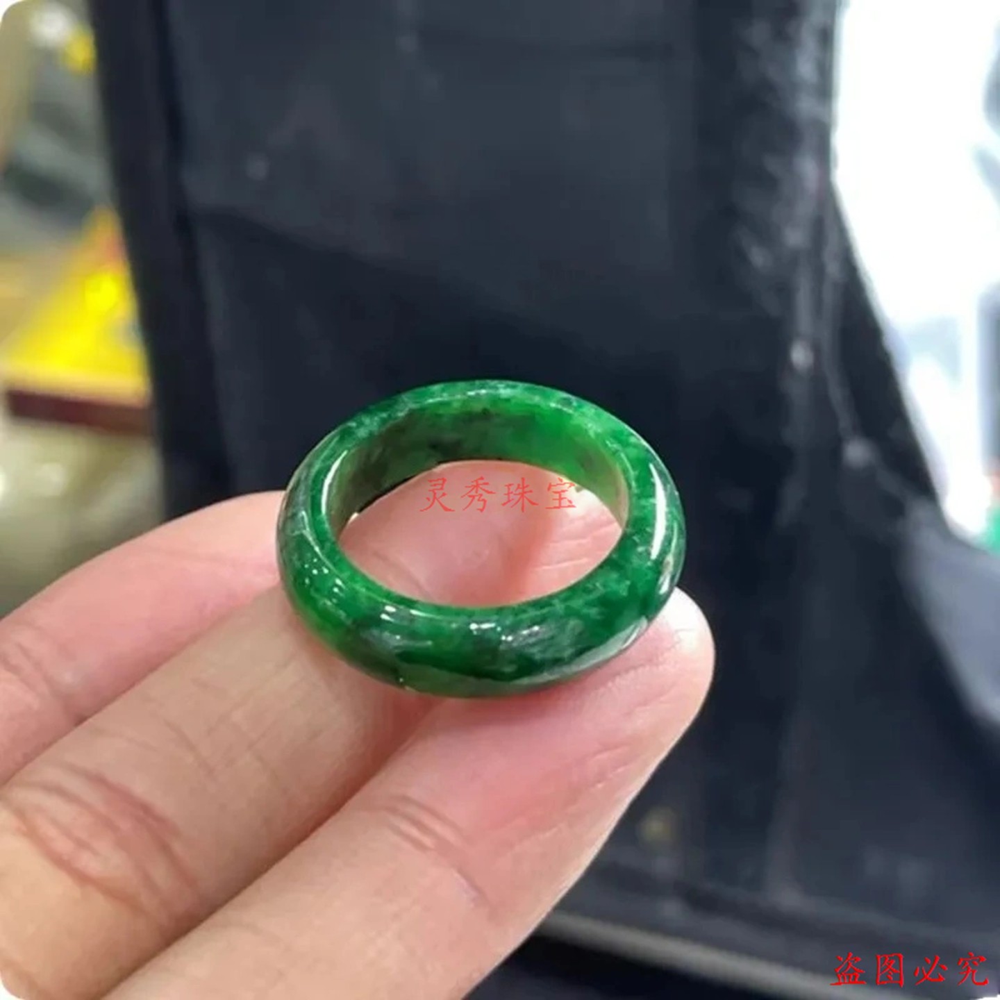 缅甸翡翠干青戒指糯种花青翡翠指环辣绿色飘花翡翠戒指精品