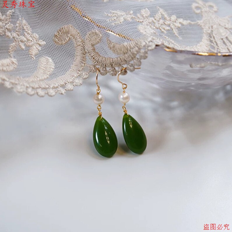 新中式绿玉髓珍珠耳环复古小众
