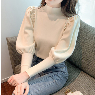 半高领钉珠灯笼袖针织打底衫女秋冬洋气内搭毛衣时尚百搭修身上衣