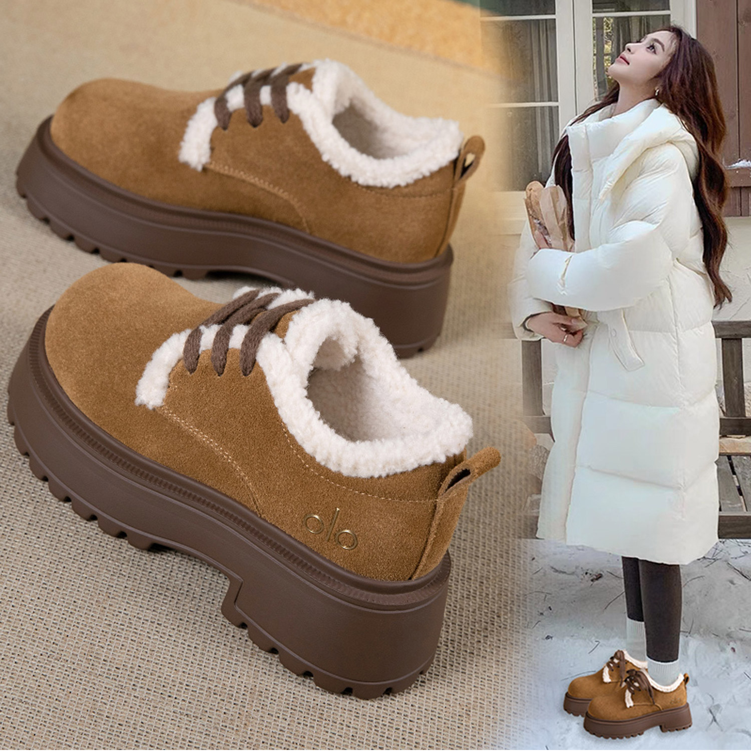 磨砂真皮防滑休闲鞋加绒加厚单鞋