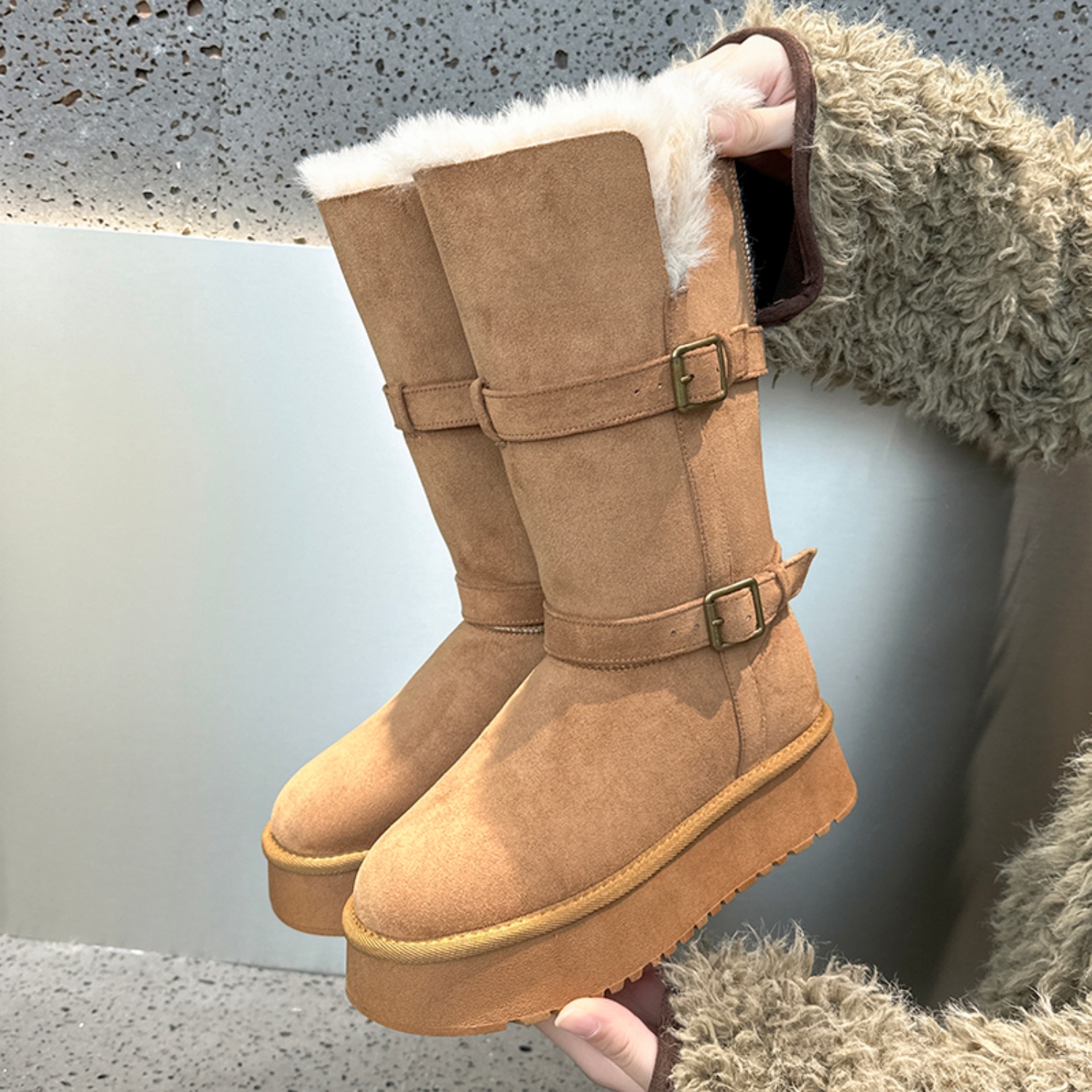 2025冬季新款百搭加绒加厚毛毛长靴子防滑厚底雪地靴女两穿长筒靴