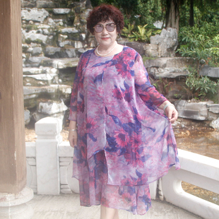 中老年洋气中长款 雪纺两件套特大码 过膝连衣裙 清仓胖妈妈夏季 断码