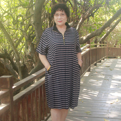 条纹大码妈妈款宽松中长款连衣裙