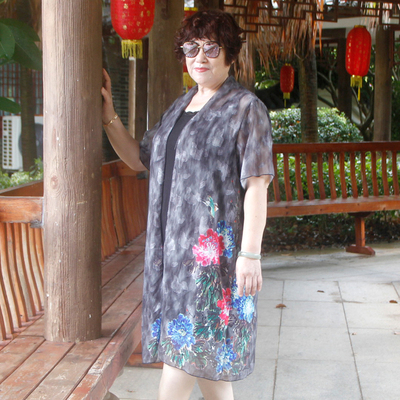 夏季雪纺短袖大码胖妈妈中长开衫
