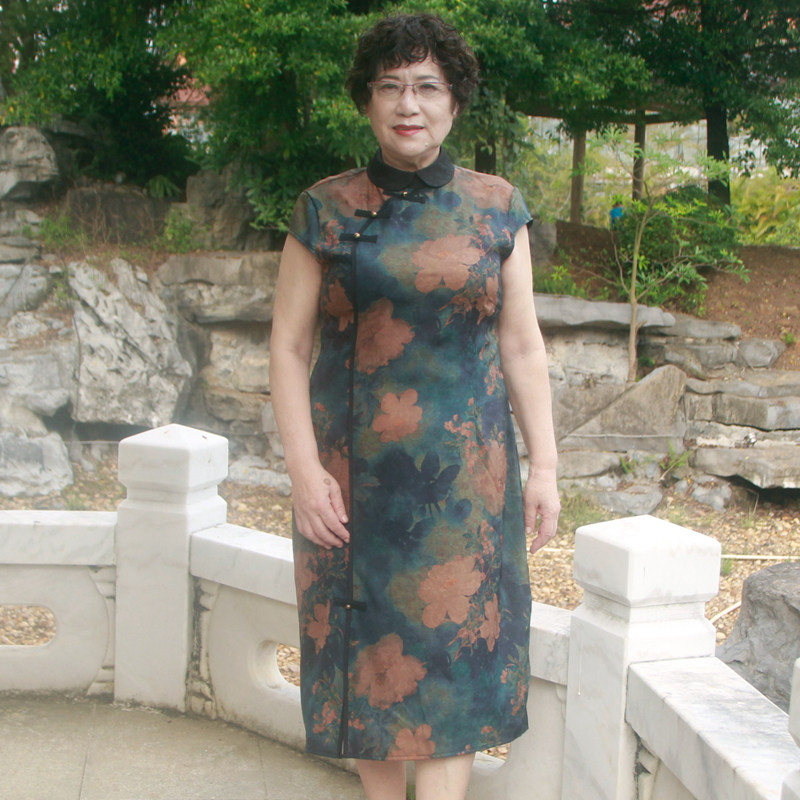 真丝花萝连衣裙大码妈妈款旗袍裙