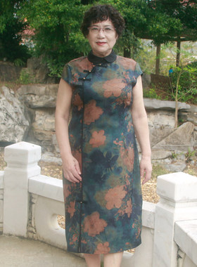 真丝花萝连衣裙大码妈妈款旗袍裙