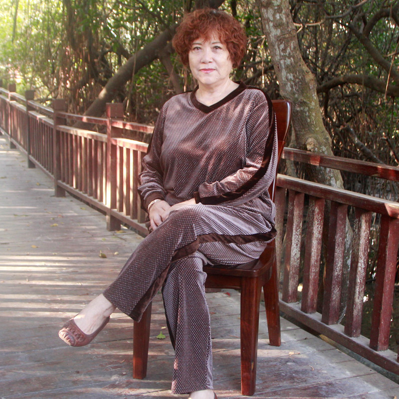 中年春秋丝绒两件套加肥大码胖妈妈宽松遮肚上衣松紧高腰显瘦裤子