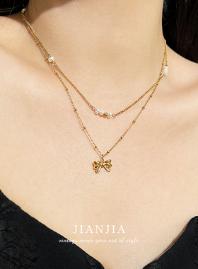 在逃公主甜妹蝴蝶结叠戴项链