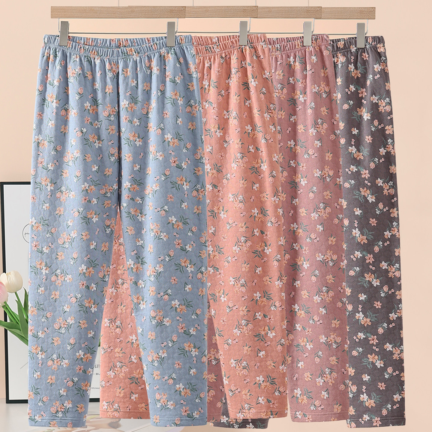 中老年女士睡裤纯棉秋冬季妈妈夹棉家居裤加肥加大码全棉保暖裤女