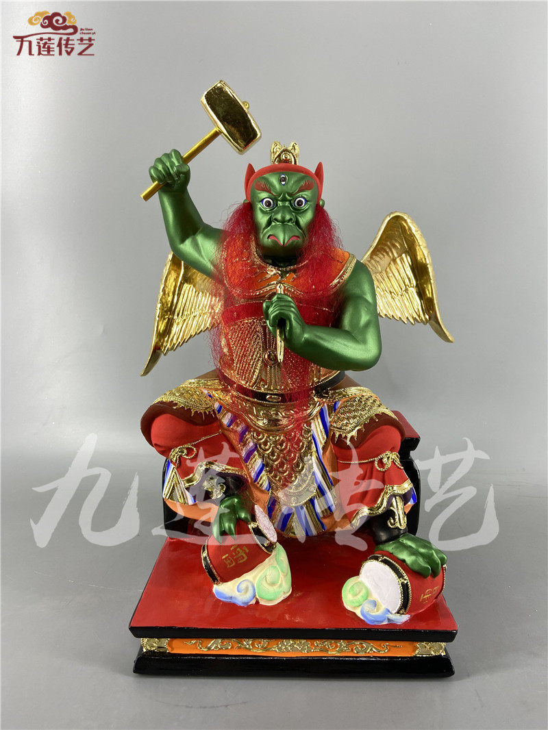 木雕人物神像雷公雷震子雷神雷部护法香樟木手工漆线雕九莲木雕