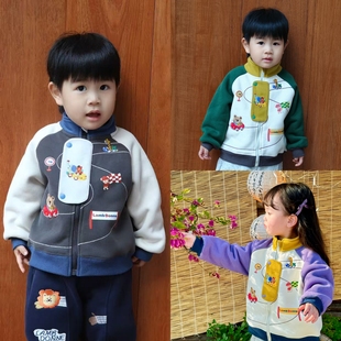 儿童加绒外套女童秋冬款2025可爱宝宝卡通挖掘机连帽男童外套洋气