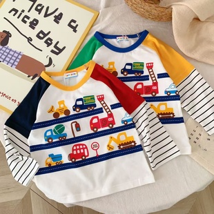 儿童长袖T恤2026春装男童纯棉t卡通汽车刺绣体恤男宝宝打底衫