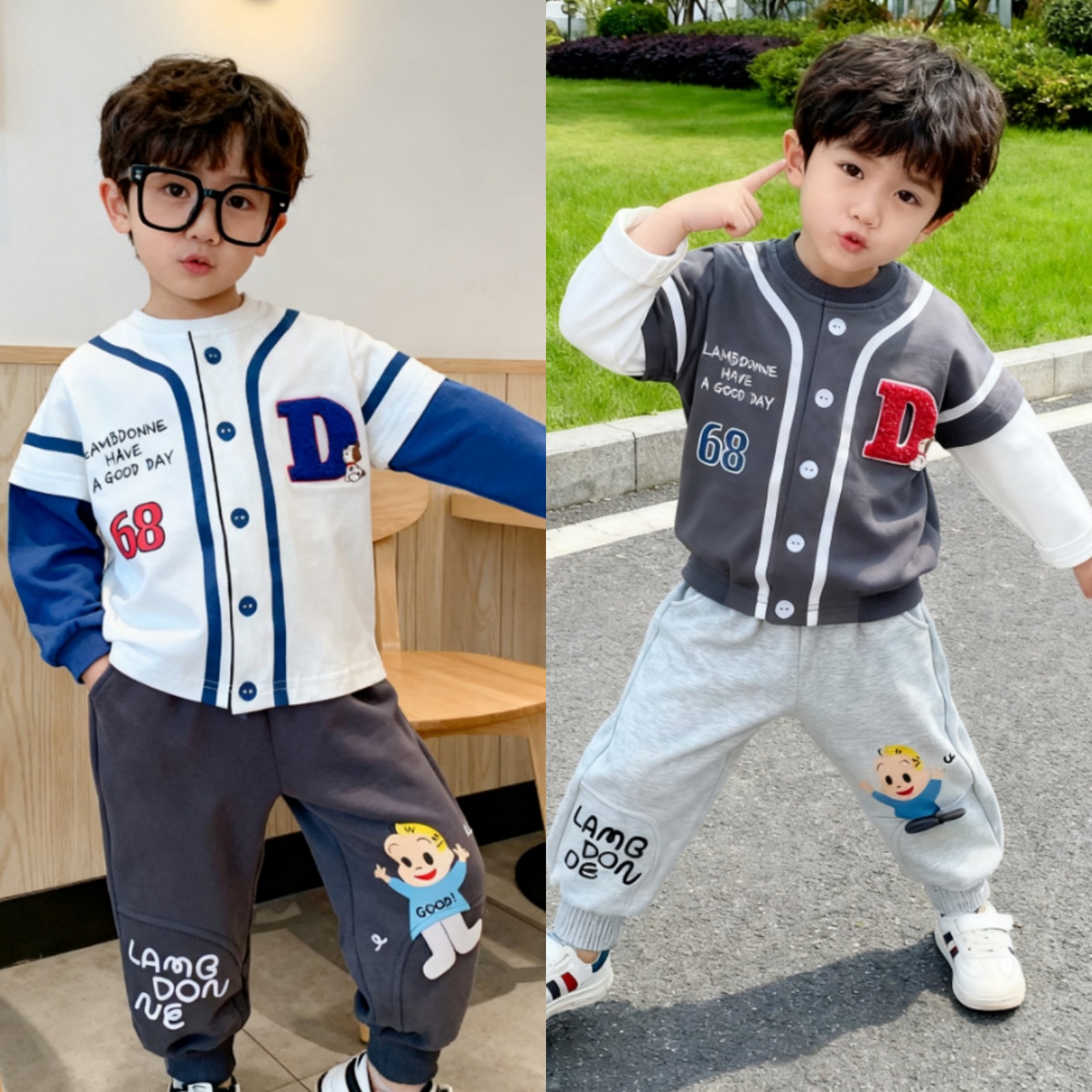 儿童长袖T恤2025秋季男童棉t恤棒球服假两件刺绣体恤宝宝打底衫