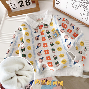 儿童加绒Polo领卫衣日系原田童装卡通刺绣宝宝男女童冬装保暖上衣