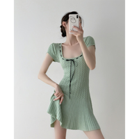ICTS【香草薄荷】慵懒风撞色针织连衣裙女夏季绿色中长裙设计感