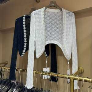 Luo高品质法式重工钉珠镶钻冰丝针织衫 百搭甜美薄款披肩外搭开衫